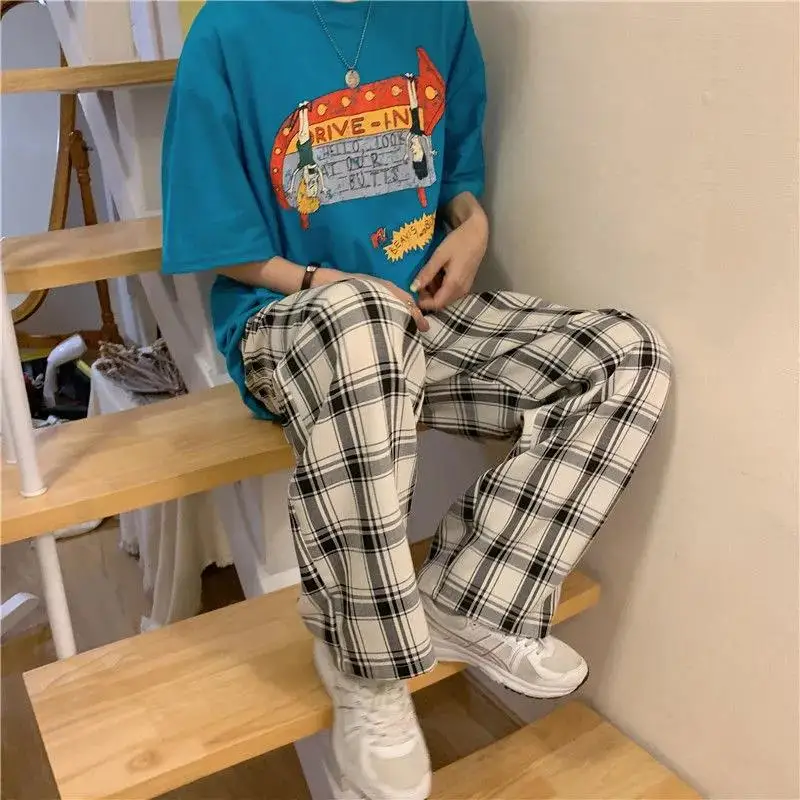 Ins Retro Teens Harajuku Hip-hop All-match Unisex Streetwear Plaid Pants Women Casual Chic Oversize 4XL Loose Wide Leg Trousers