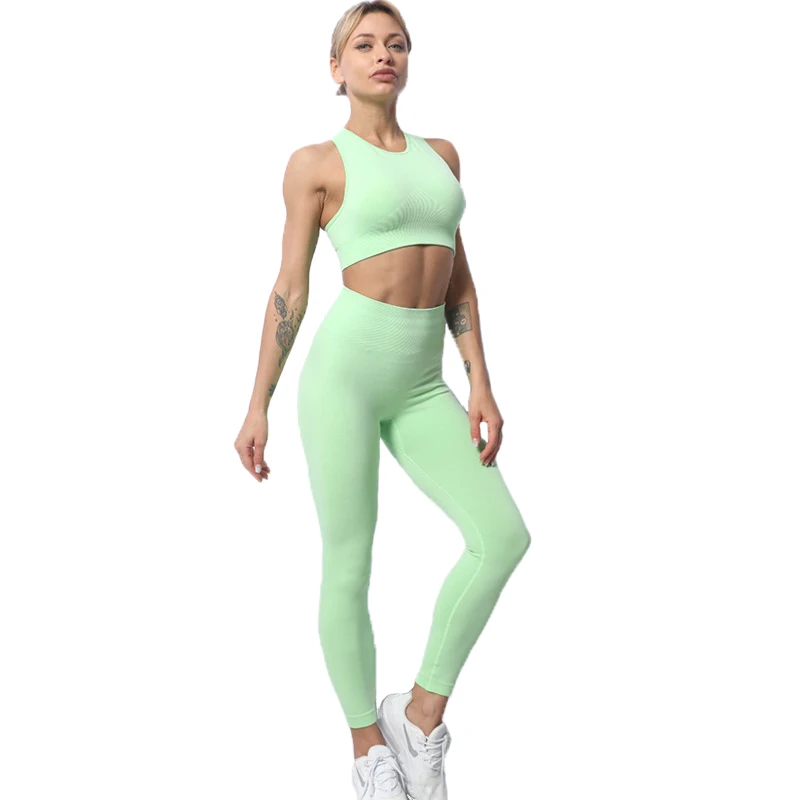 

Light green Seamless Gym Set Women Fitness Yoga Set Sports Suits High Waist Leggings+Push Up Bra 2 peice Set Sportswear