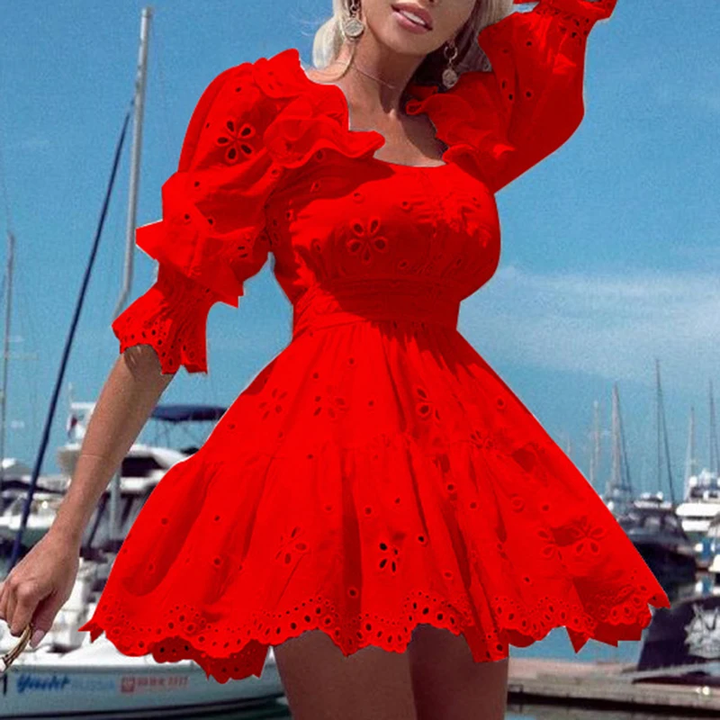 

Женское кружевное платье в стиле пэчворк, элегантное свободное Повседневное платье с квадратным вырезом и оборками, лето