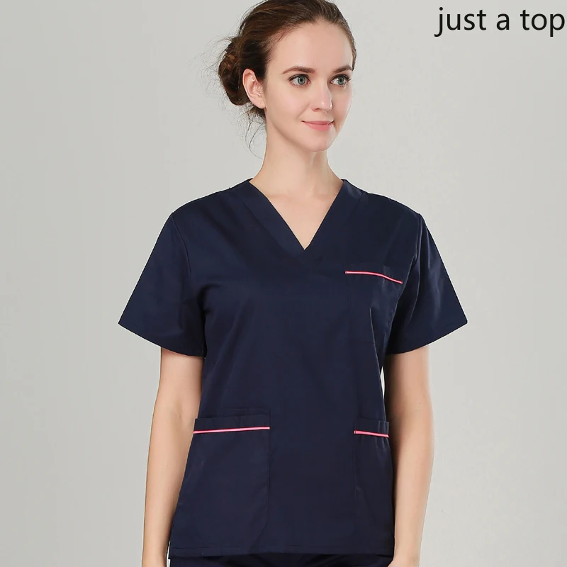 dark blue top Женская мода с коротким рукавом скраб-топ из чистого хлопка медицинская Униформа Классическая рубашка с v-образным вырезом аптека доктор уход Рабочая одежда - Цвет: dark blue top
