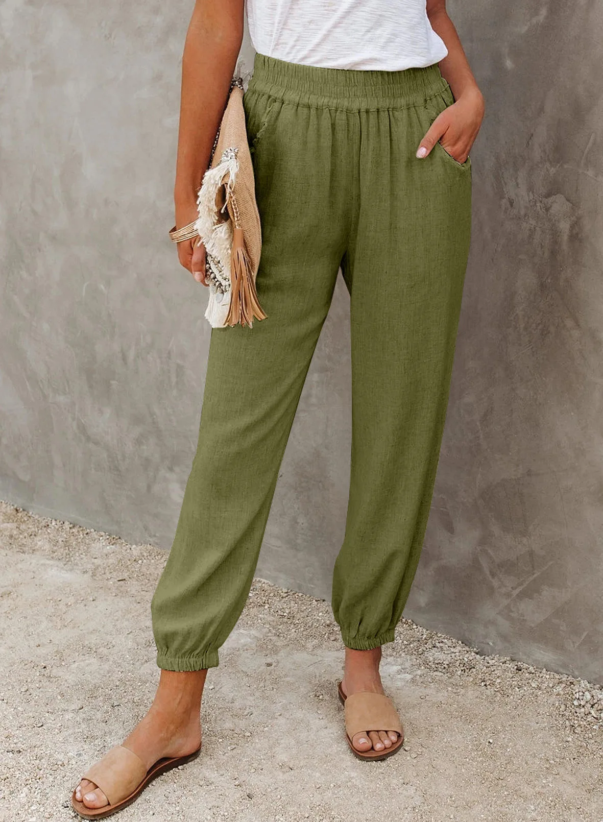 

High Waist Elastic Pants Women Summer Harem Pants 2021 Pocket Loose Pants For Women Red Trousers Women Green Pants Spring