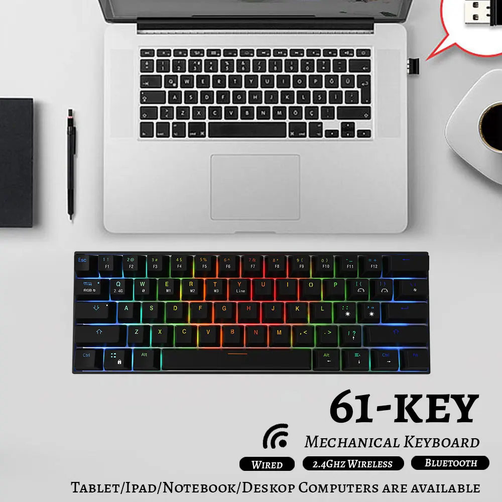 

RGB Mini Keyboard Bluetooth 5.0 Wireless Mechanical Keyboard Hot Swap Gaming Keyboard Outemu Switch 61 Keys Blue Red Brown Black