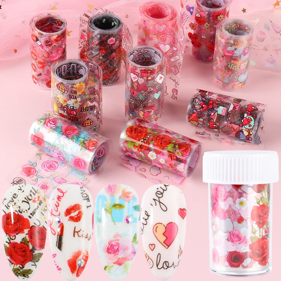 Романтическая роза Сердце ногти искусство Передача фольги смешанные цветы губы