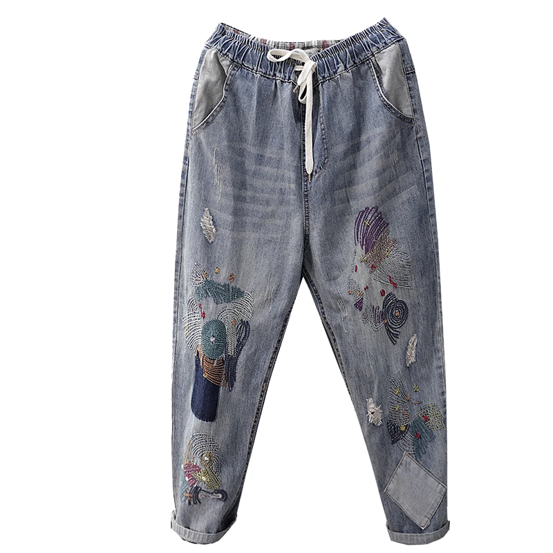 

New Summer Jeans Women Clothing Fashion Embroidery Nine-Point Harem Pants Plus Size Loose Casual High Waist Denim Trousers