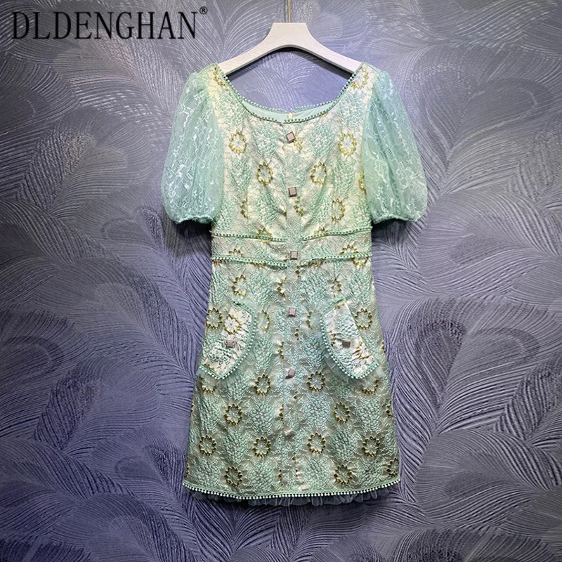 

DLDENGHAN Designer Office Lady Embroidery Dress O-Neck Lantern Sleeve Buttons Lace Patchwork Jacquard Mini Dresses Summer New