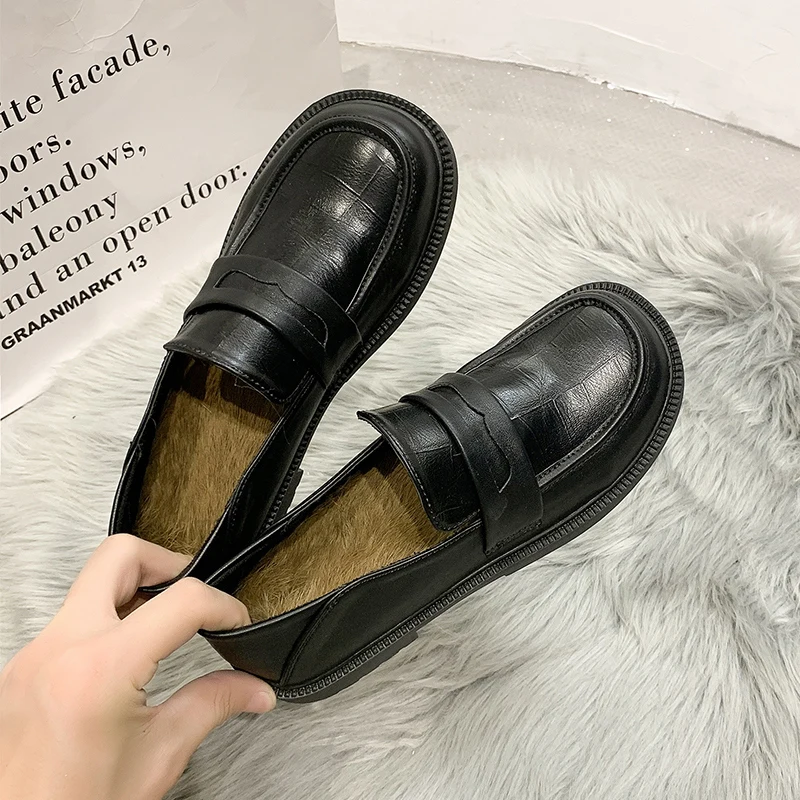 

Round Toe British Style All-Match Womens Loafers Shoes Casual Female Sneakers Oxfords Preppy Slip-on Leather New Winter Leisure