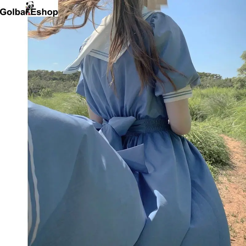 

Sweet Dress Bow-knot Girl Harajuku Blue Navy Dress Retro Cotton Kawaii Japanese Lolita College Style Sailor Collar Summer Dress