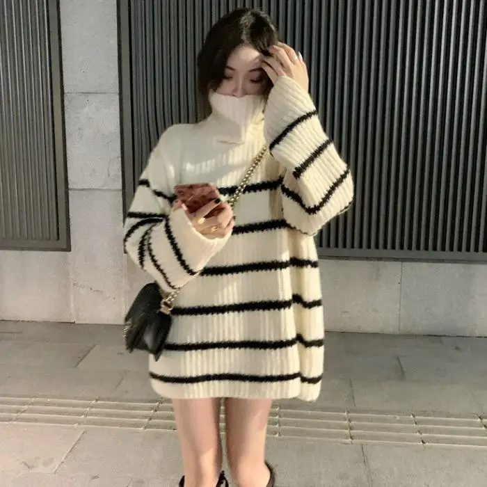 

Winter Clothes Women Warm Harajuku Middle Long Stripe Turtleneck Girl Student Korean Tops Loose and Thickened Knitting Sweaters