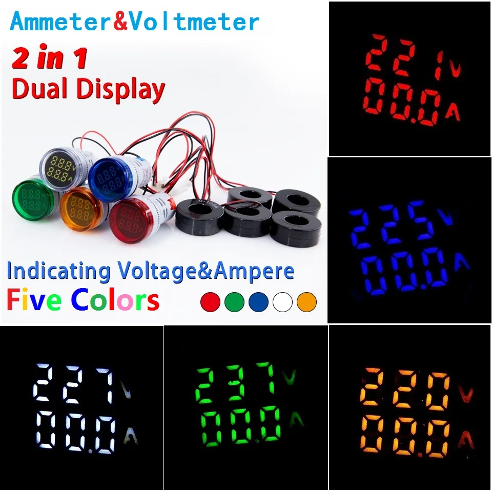 Mini Digital Voltmeter Ammeter 22mm AC 0-100A 20-500V Volt  Amp Voltage Tester Meter Dual LED Indicator Pilot Lamp Light Display