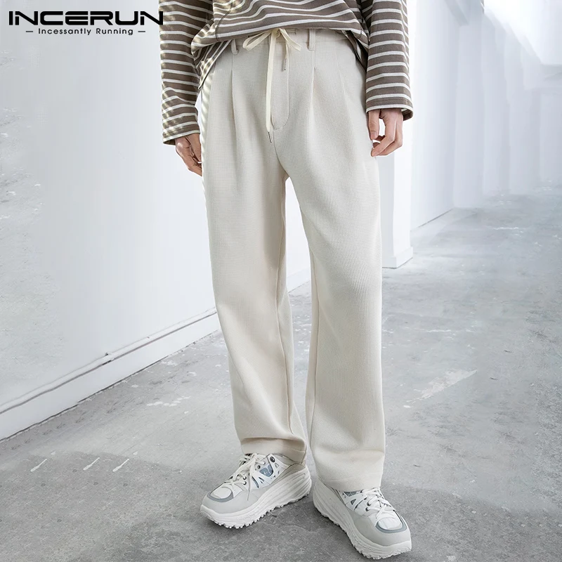 

INCERUN Men's Straight Leg Pants Micro-elastic Double Pleated Pantalons Male Casual Streetwear Well Fitting Trousers S-5XL 2021