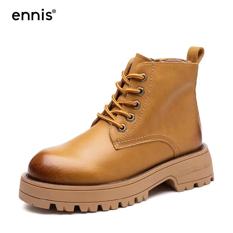 

Женские кожаные ботинки-мартинсы ENNIS, черные ботильоны на платформе и шнуровке, на молнии, в стиле ретро, Осень-зима, 2021