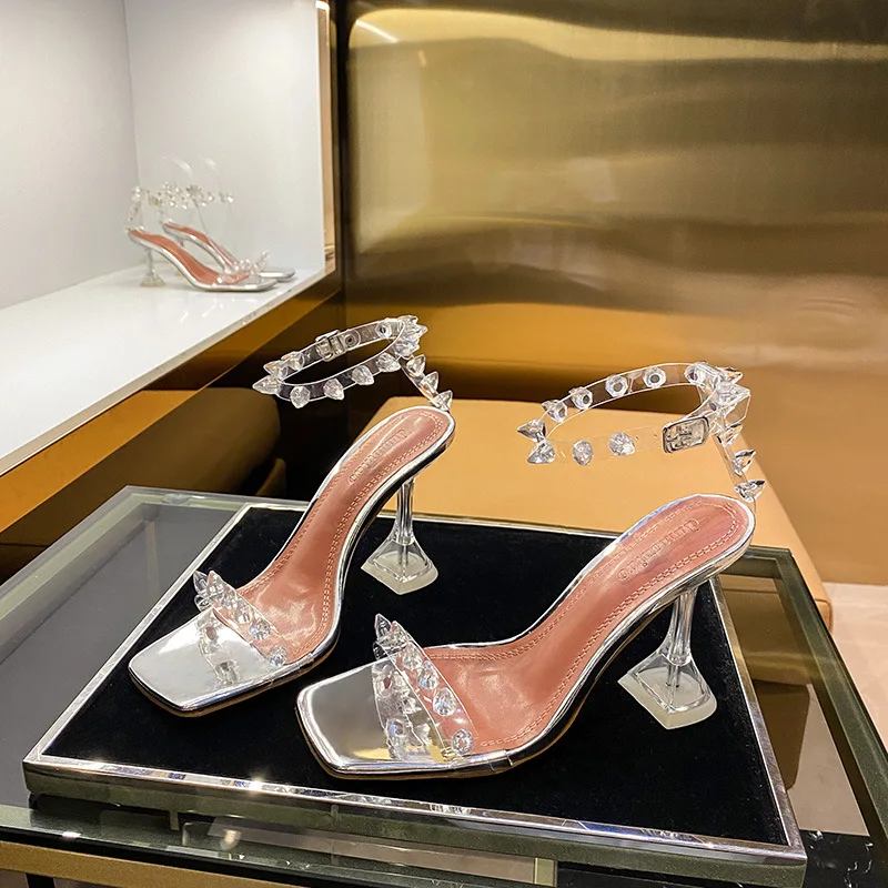 

Summer Cup High Heel Sandals Women Narrow Band Crystal Rivet Bordered Ankle Strap Gladiator Sandalias Sexy Party Dress Shoes