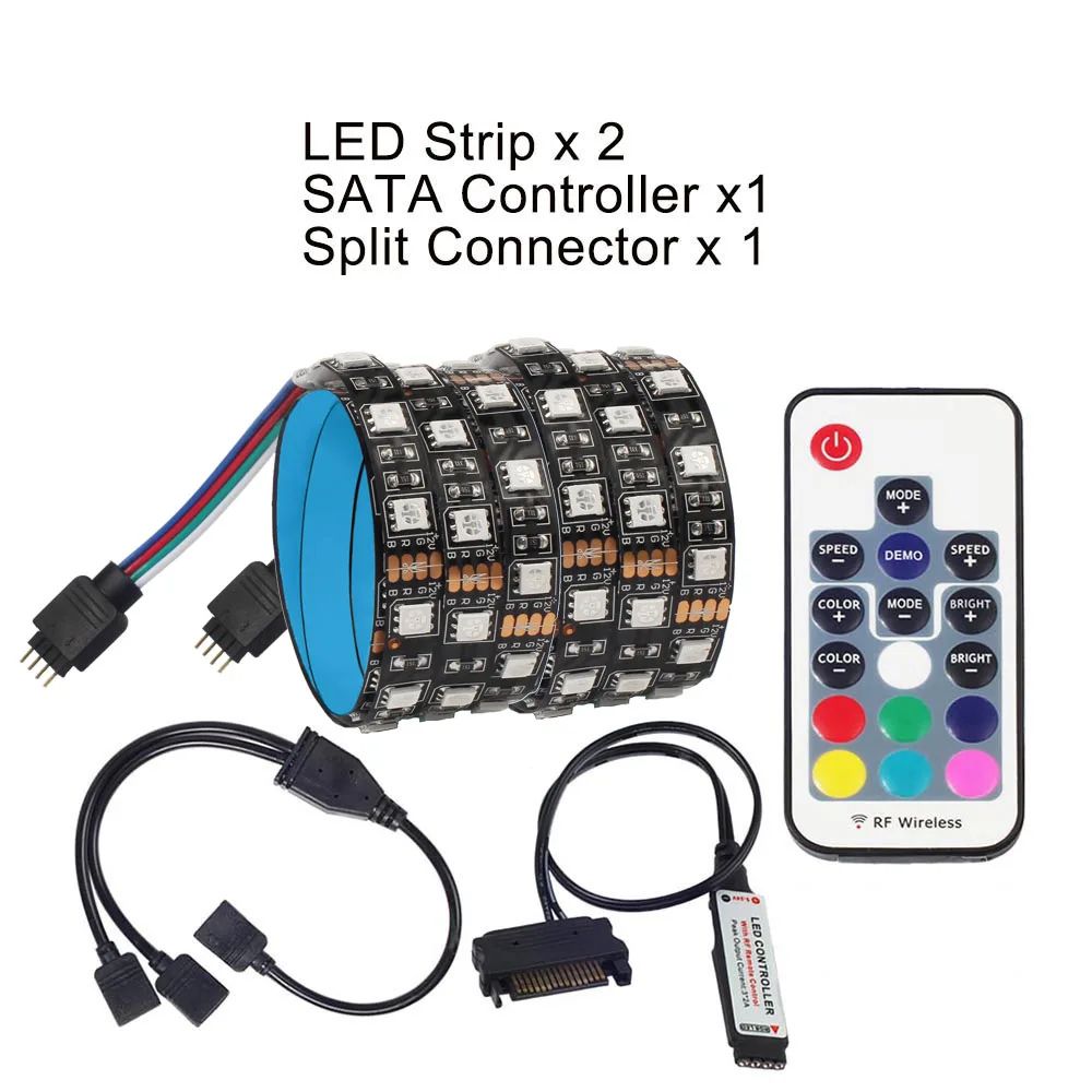 Two Strip SATA светодиодный светильник 5050 RGB DC12V Sata интерфейс питания для ПК чехол для компьютера, 17Key RF пульт дистанционного управления светодиодный светильник - Испускаемый цвет: Two Strip