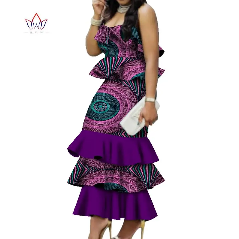 Fashion Multilayer Draped Print Top & Skirt Sets Bazin Riche African Wax Dresses for Women 2 Pieces Skirts Sets Clothing WY2767