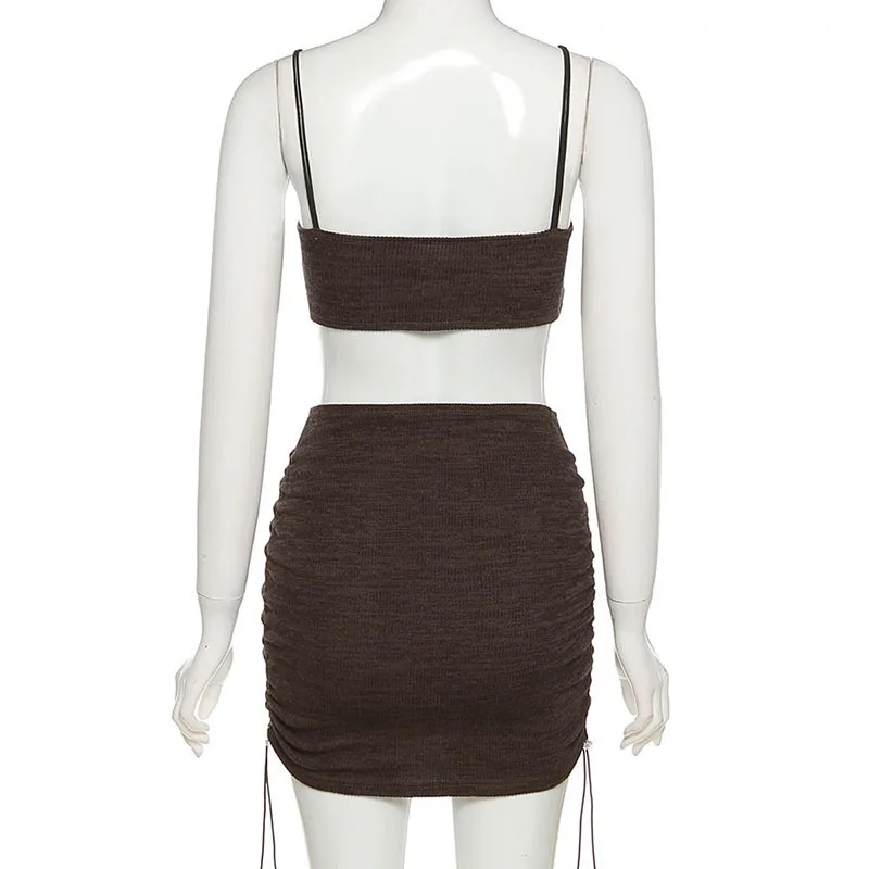 

Spring Summer 2021 Two Piece Set Women Sexy Sling Color Block Tube Top & Shirring Skirt Matching Sets Club Outfits Streetwear