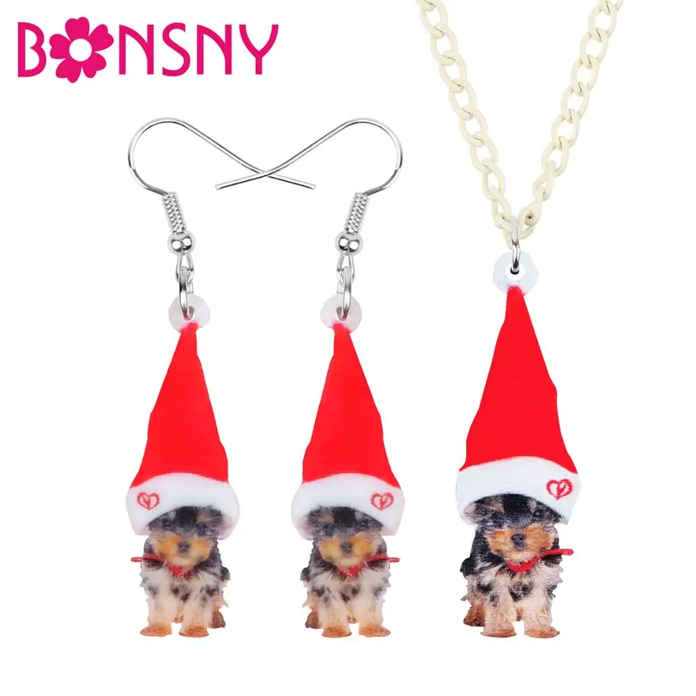 

Bonsny Acrylic Christmas Hat Yorkshire Yorkie Dog Jewelry Set Necklace Earrings Animal Jewelry Women Girls Teens Decoration Gift