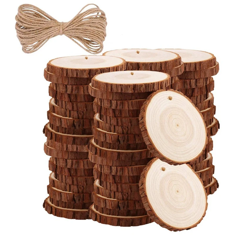 

Кусочки натурального дерева, 50 шт., 2,4-2,8 дюйма, набор из необработанной древесины для рукоделия, с отверстиями, деревянные круги для рукодели...