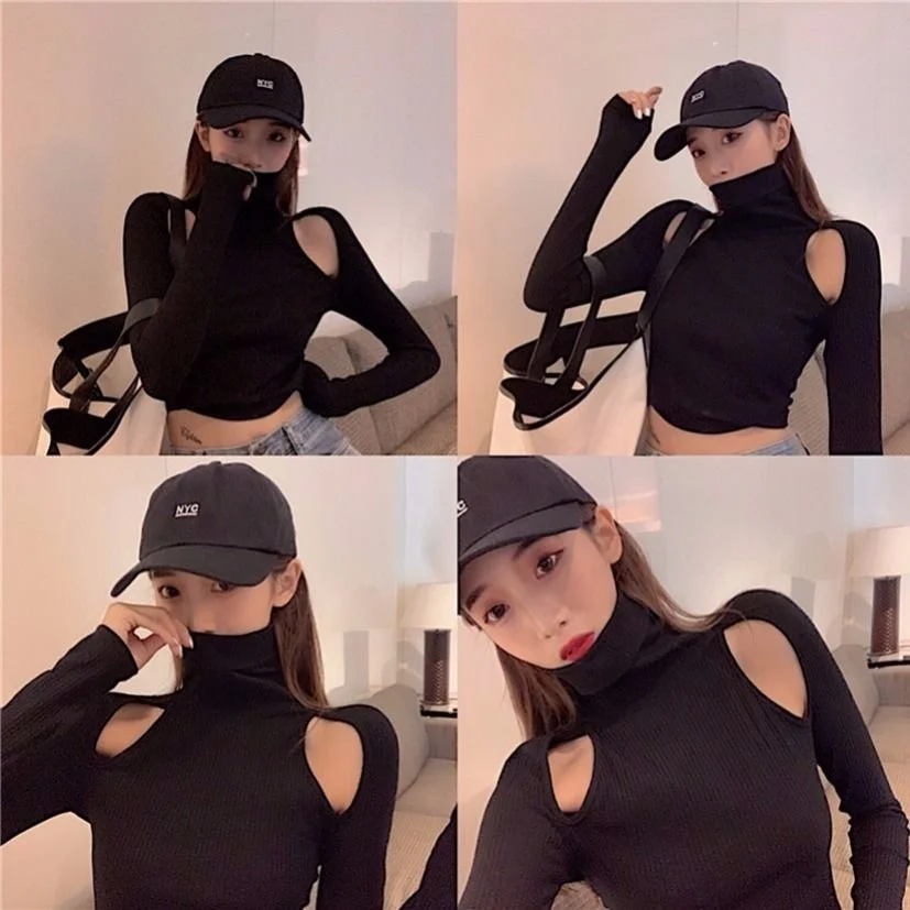 

Bottomed Shirt Women Tshirt Ins Super Fire Off Shoulder Long Sleeve T-shirt Sexy T Exposed Navel And Back With High Neck Tight