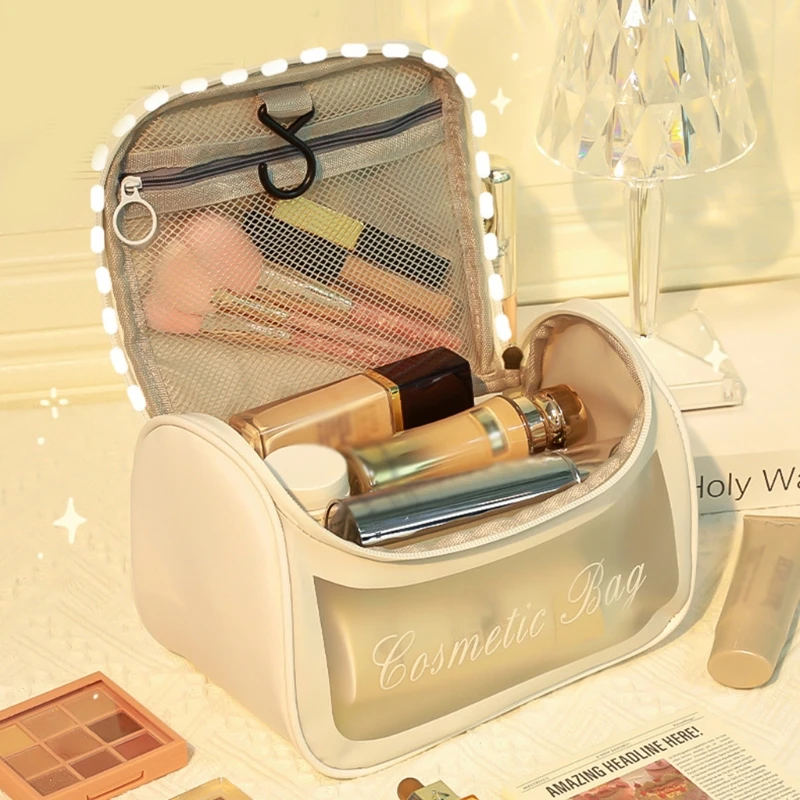 

Portable PU Makeup Pouch Large Capacity Travel Organzier Bag with Zippered Mesh Pocket Hanging Hook for Women Girls