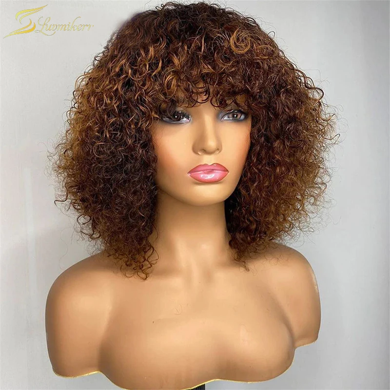 

Ombre Honey Blonde Kinky Curly Pixie Short Cut Bob Machine Made Non Lace Colored Human Hair Wigs For Woman Afro Bob With Bang