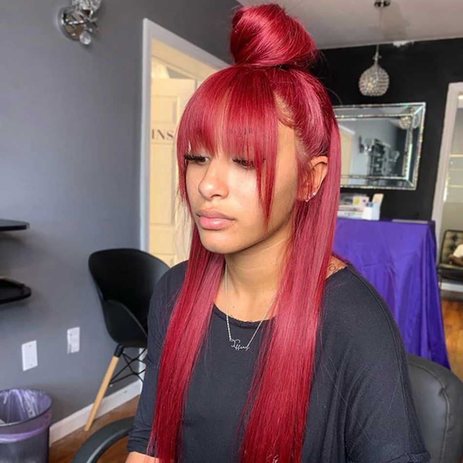 

Burgundy Lace Front Synthetic Hair Silky Straight Daily Wearing Fringe Wigs 180 Density Red Soft Hair Synthetic Wigs