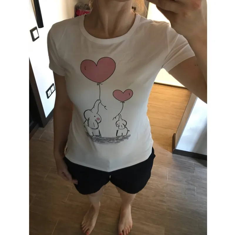 Kawaii Милая женская футболка с принтом в виде слона и воздушного шара,, летняя забавная футболка с коротким рукавом размера плюс, повседневные топы, футболки