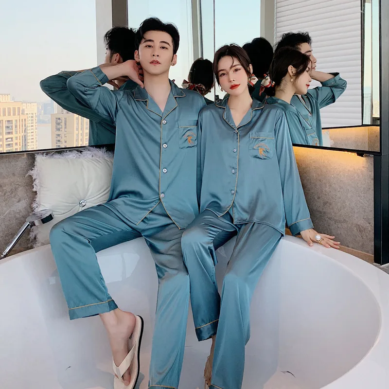 2021 New Couple Pajamas Men's Women's Pajamas Ice Snow Silk Long Sleeve Sleepwear Set Korean Thin Home Clothes Female Nightwear