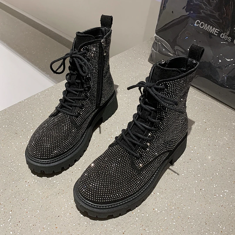 

2021 New Boots Women Winter Fashion Lace-up Zipper Boots Sequins Boots Sports Platform Rhinestone Martin Boots Women Zapatos