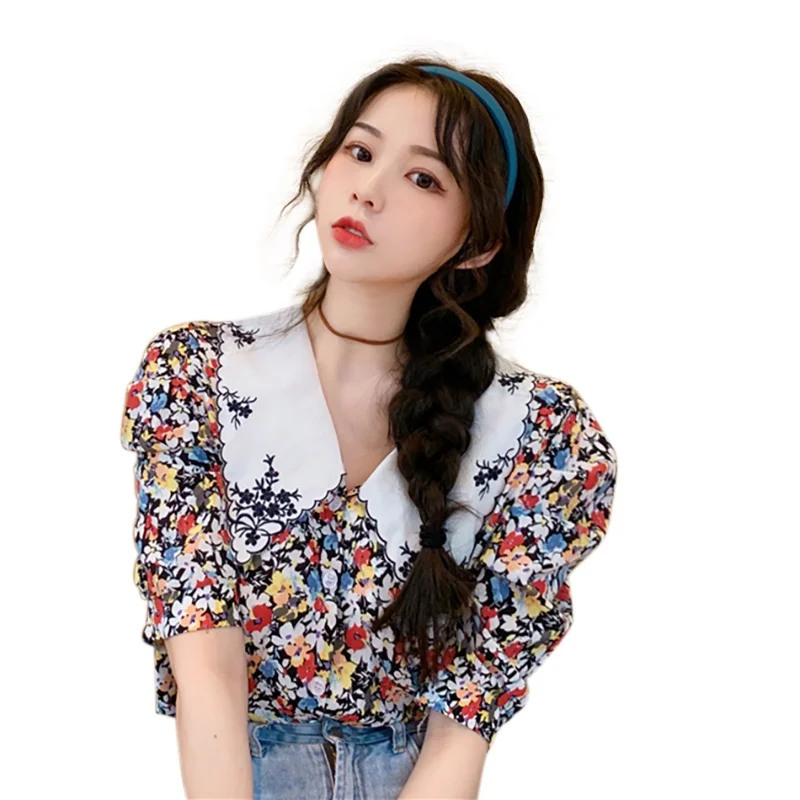 

Fashion Summer Lapel Floral Puff Sleeve Design Niche Flower Embroidered Blouse For Women