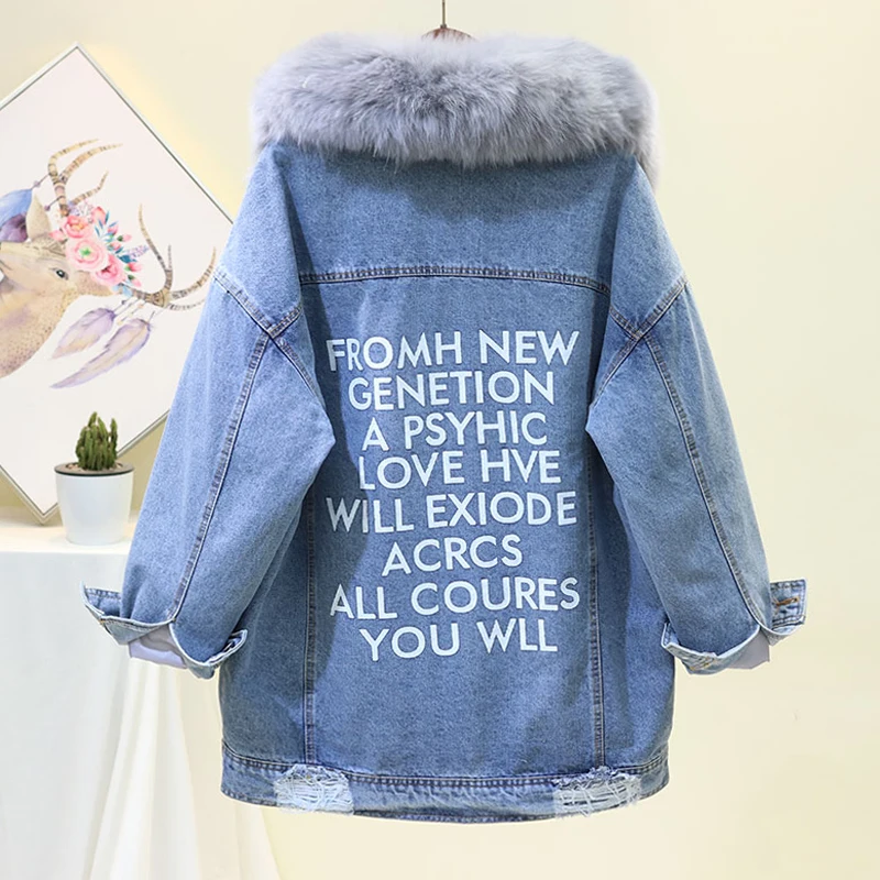 Зимняя длинная джинсовая куртка с воротником из лисьего меха женские свободные