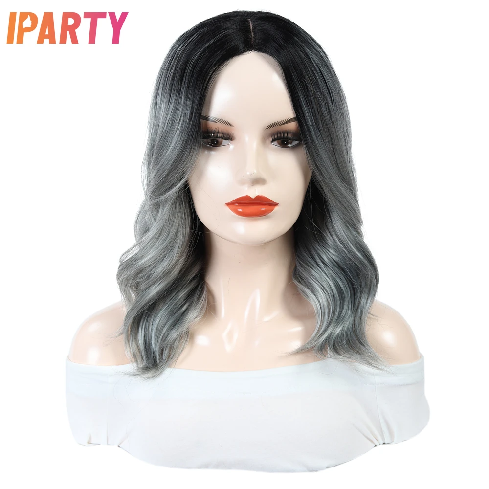

Ombre Grey Lace Wig Short Bob Wigs For Women Synthetic Natural Wave Middle Part Hair Heat Resistant Fiber Daily Cosplay IPARTY