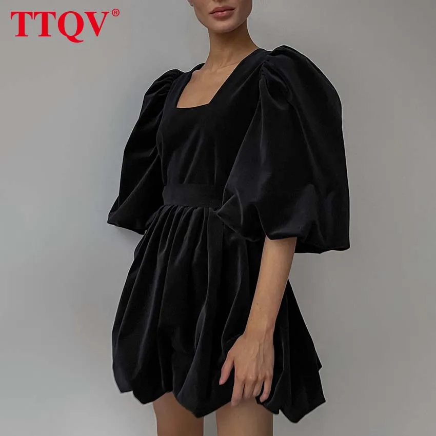 

TTQV Fashion Square Collar Black Dress Ladies Summer Short Puff Sleeve Mini Dress Casual Loose Pleated Elegant Dresses For Women