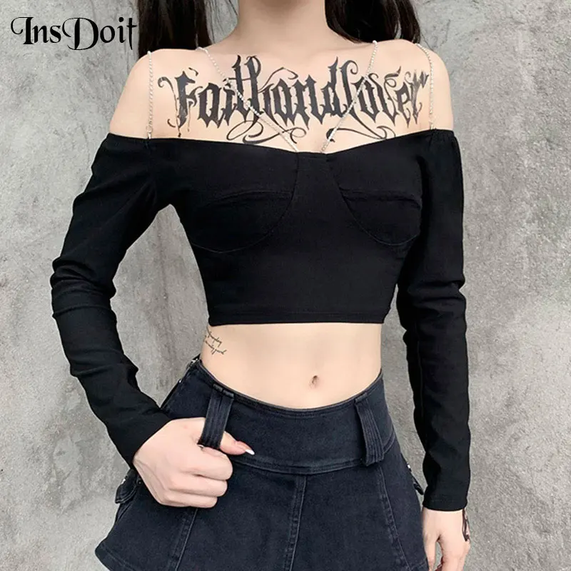 InsDoit Harajuku готическая Сексуальная черная футболка женская панк металлическая