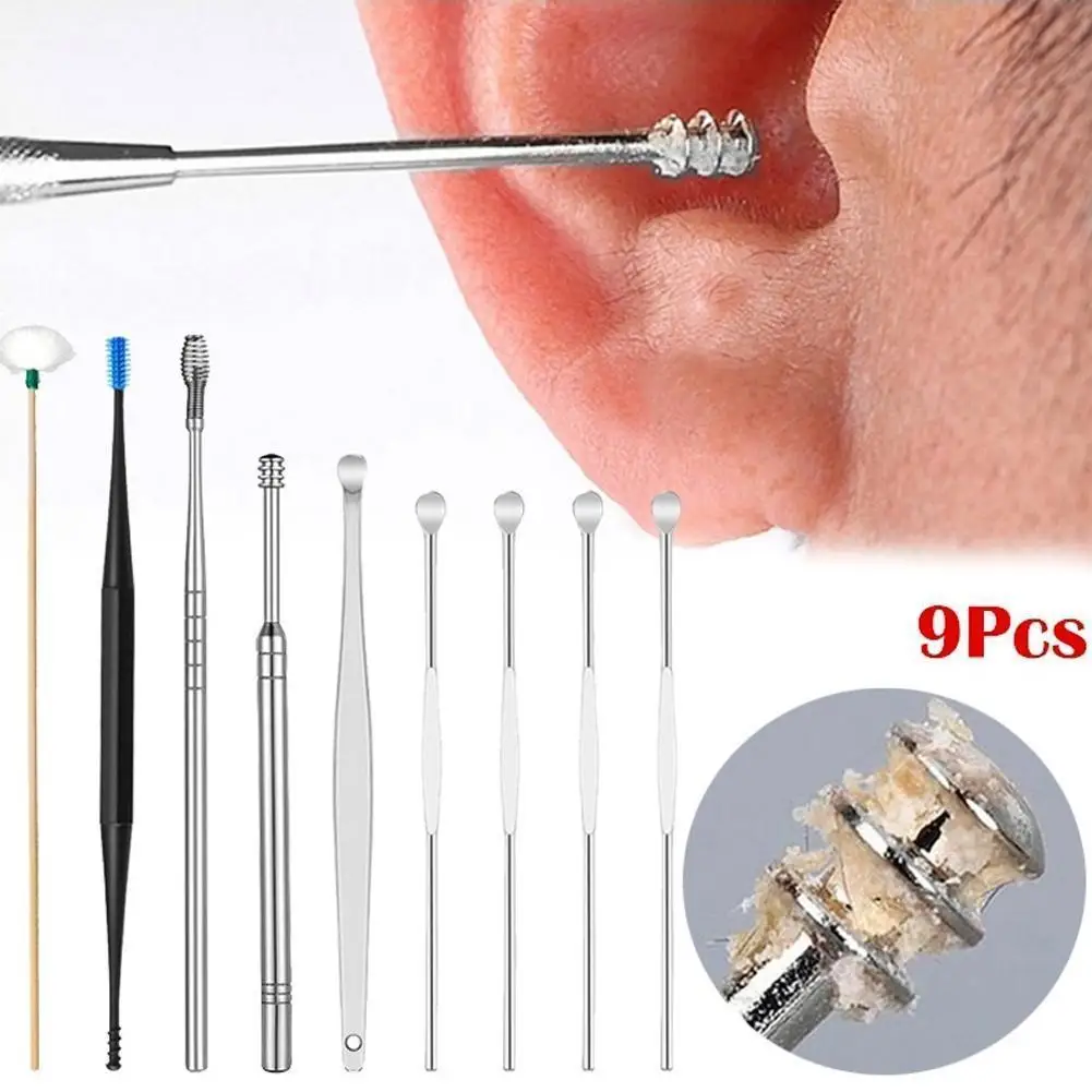 

9Pcs/set Ear Wax Pickers Steel Earpick Wax Remover Ear Clean Cleaner Ear Curette Care Pick Cleaner Tool Spoon Ear T8W8