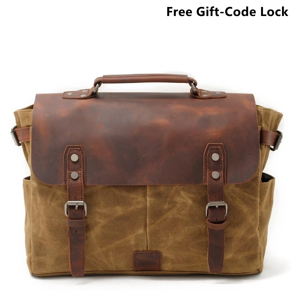Weysfor Vintage Men's Canvas Leather Briefcase Bag Business Handbag Shoulder Laptop Messenger Bag Computer Bag  Motorcycle Bag