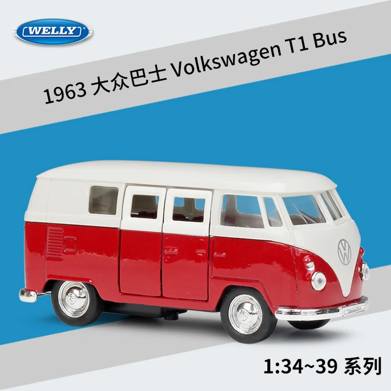 Модель автомобиля Welly 1:36 из сплава для автобуса Volkswagen 1963 T1 Натяжной автомобиль