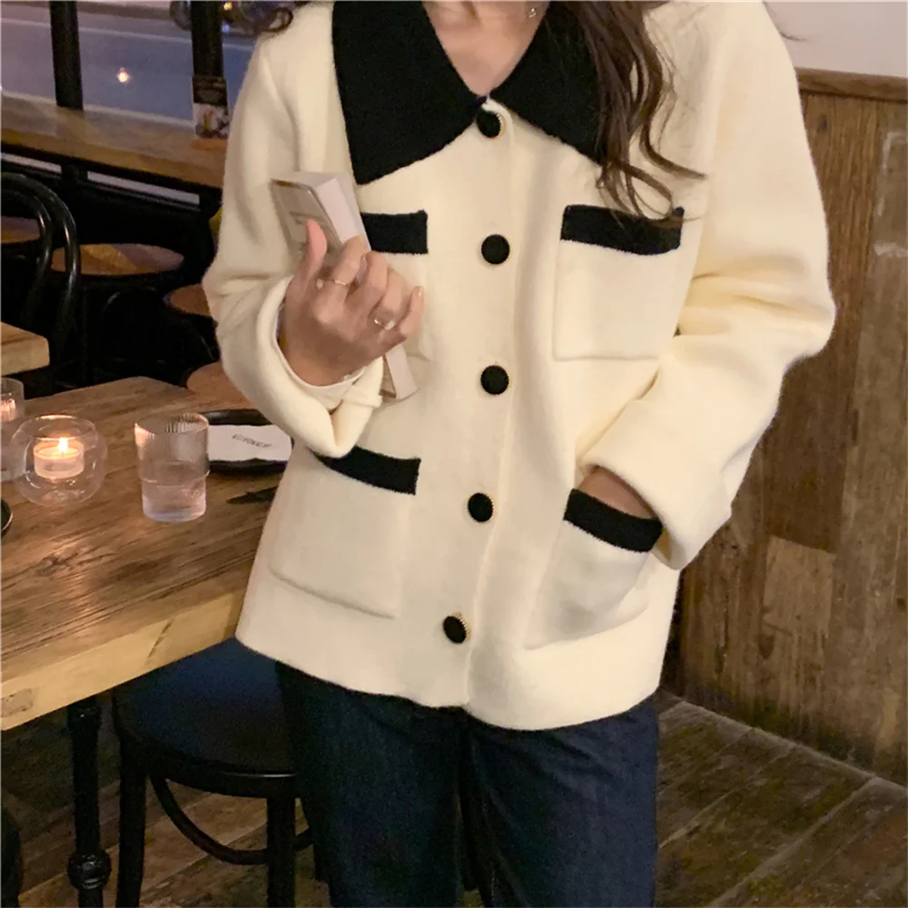 

동문 Patchwork Лоскутные вязаные теплые пальто свободные 2021 модные элегантные шикарные высококачественные кардиганы свитера с отворотом Женска...