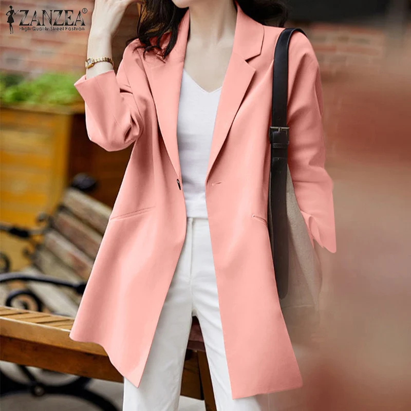 

ZANZEA Women Full Sleeved Blazer 2021 Elegant Casual Shoulder Pad Suits Femme Clothing Summer Workwear Button Outwear Solid Coat