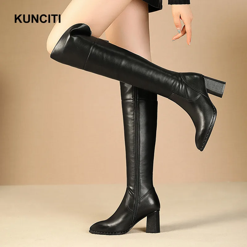 KUNCITI/; сапоги до колена; женские пикантные сапоги; большие размеры 34-42; черные сапоги из натуральной кожи; зимняя теплая обувь высокого качества; B921