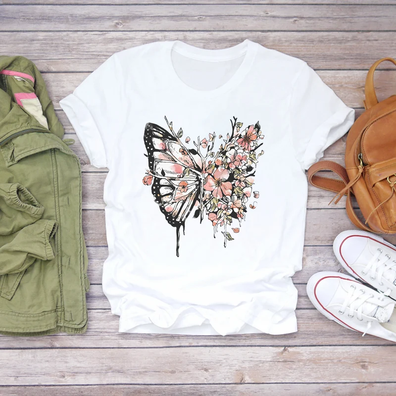 Женская Винтажная Футболка с принтом летняя футболка цветочным и бабочкой