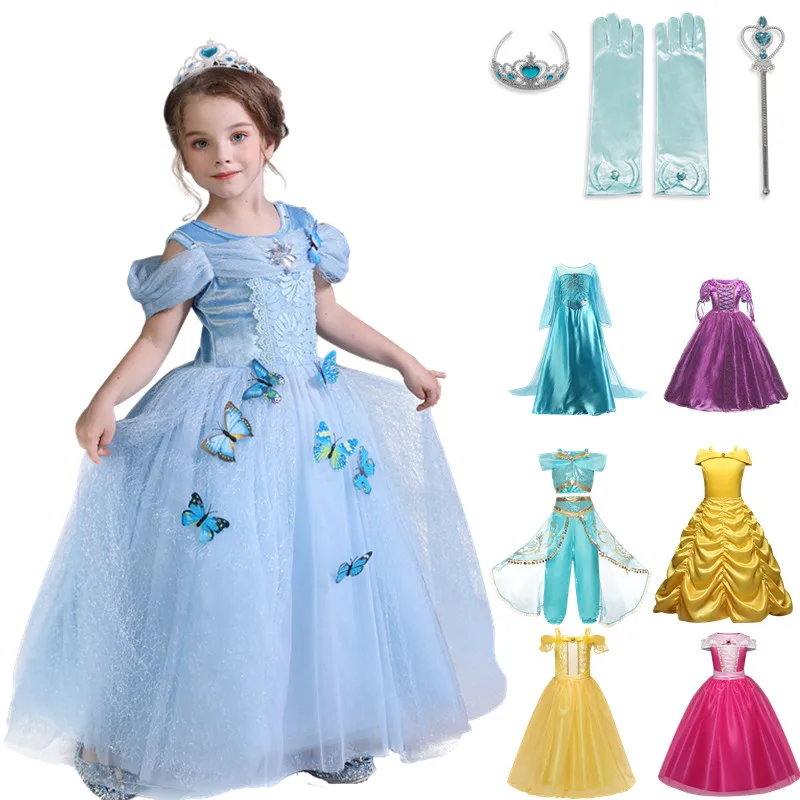 

2021 Halloween Costume for Girls Children Clothing Princess Dress Girl Birthday Cosplay Clothes Belle Dress Send Crown New Year