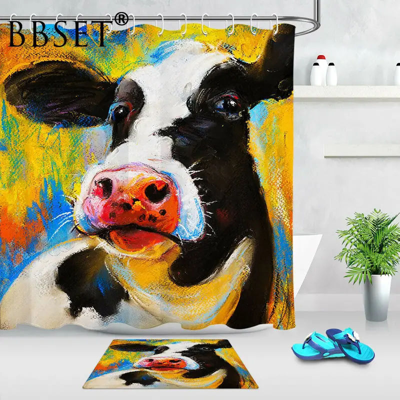 Waterproof Shower Curtain Farm Watercolor Cow Modern Art 3D Print Bathroom Curtains Mildew Proof with 12 Hooks Cortina De Ducha | Дом и сад