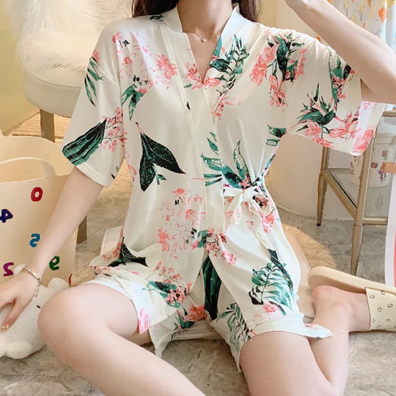 Summer Japanese Kimono Floral Yukata Robe Ladies Fashion Pajamas Loose Nightgown Shorts Suit Girls Sexy Casual Home Service