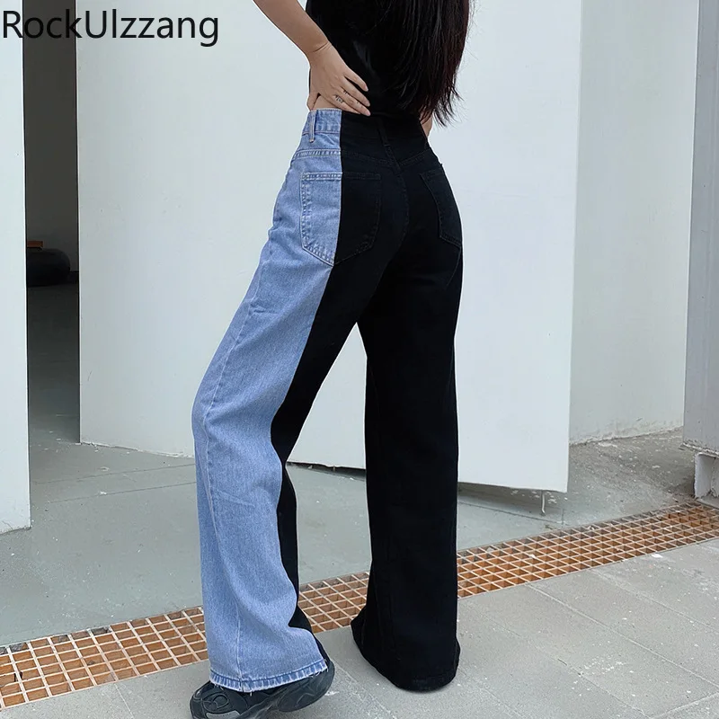 Джинсы женские прямые с разрезом модные облегающие брюки из денима контрастных