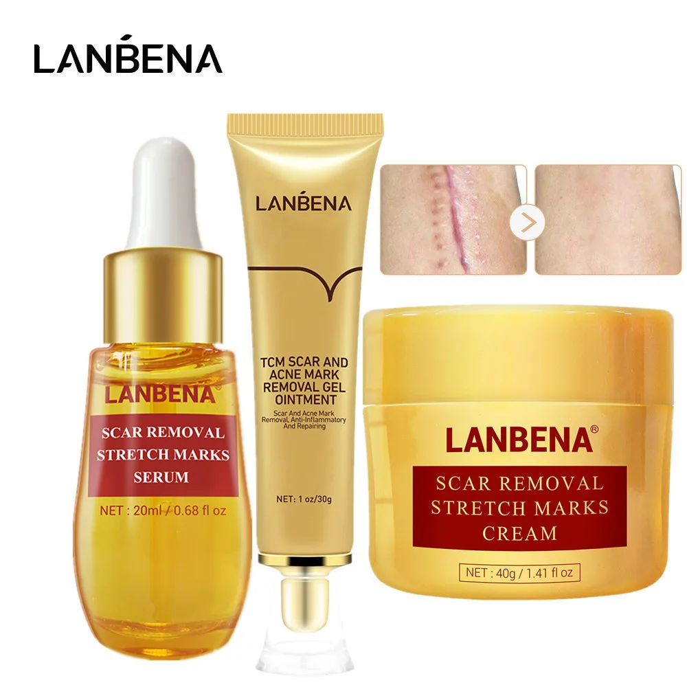 

LANBENA Skin Scar Treatment Sets Repairing Cream Scar Remove Serum Stretch Essence Acne Marks Face Care Kit 3Pcs/set