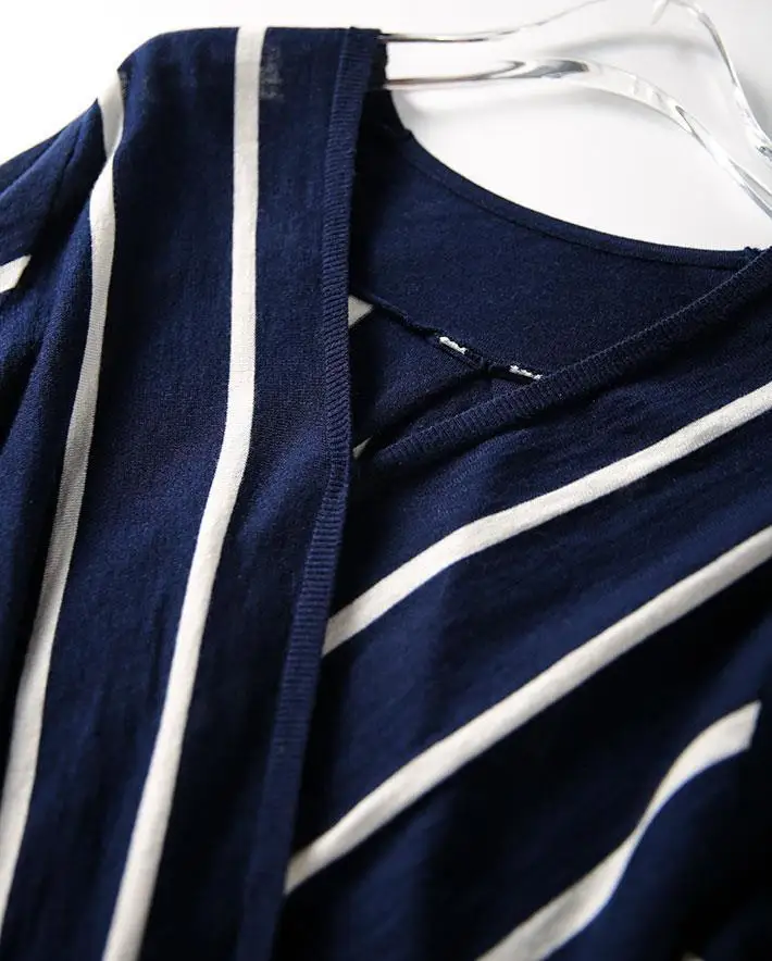 

Spring New Half Sleeve Women's Striped Sweater Criss-Cross Design Thin Knit