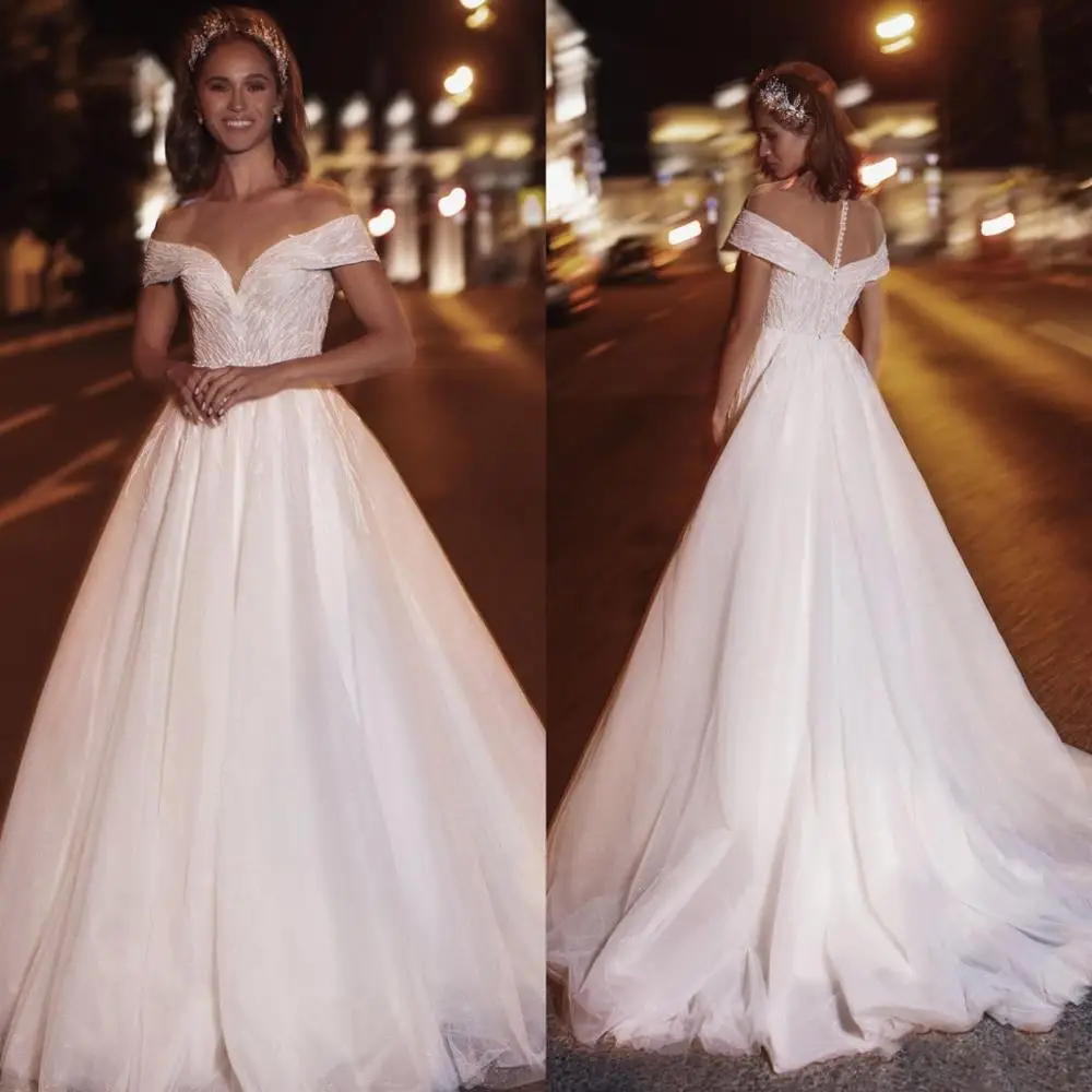 

2021 Wedding Dresses Off Shoulder Lace Appliques Bridal Gowns Custom Made Button Back Wedding Dress Vestidos De Novia New