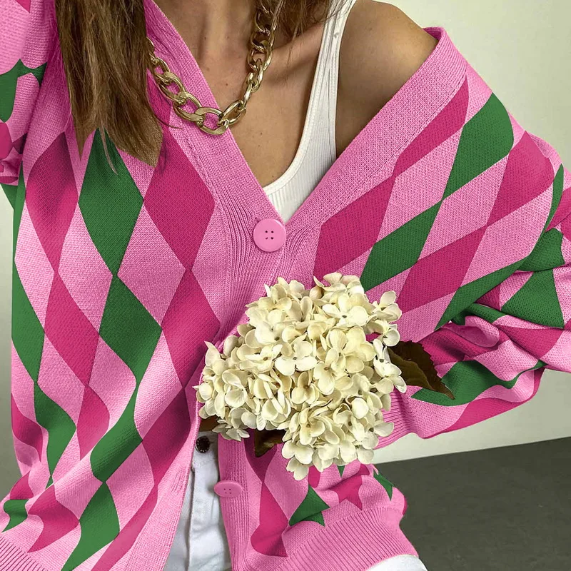 

Muyogrt Women Argyle Cardigan Autumn Preppy Style Sweaters Coat Plaid Single-breasted Oversized Cardigan Loose Knitted Jacket