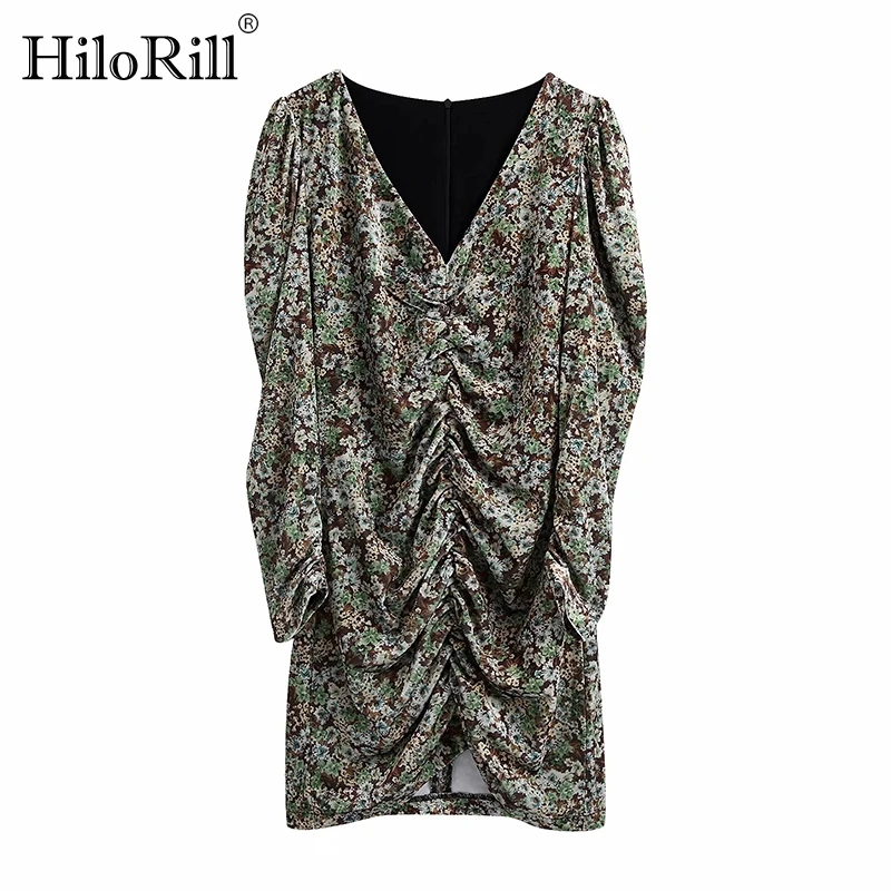 

HiloRill Autumn Spring Floral Velvet Dresses For Women Party V Neck Mini Dress Long Sleeve Sheath Bodycon Dress Vestidos