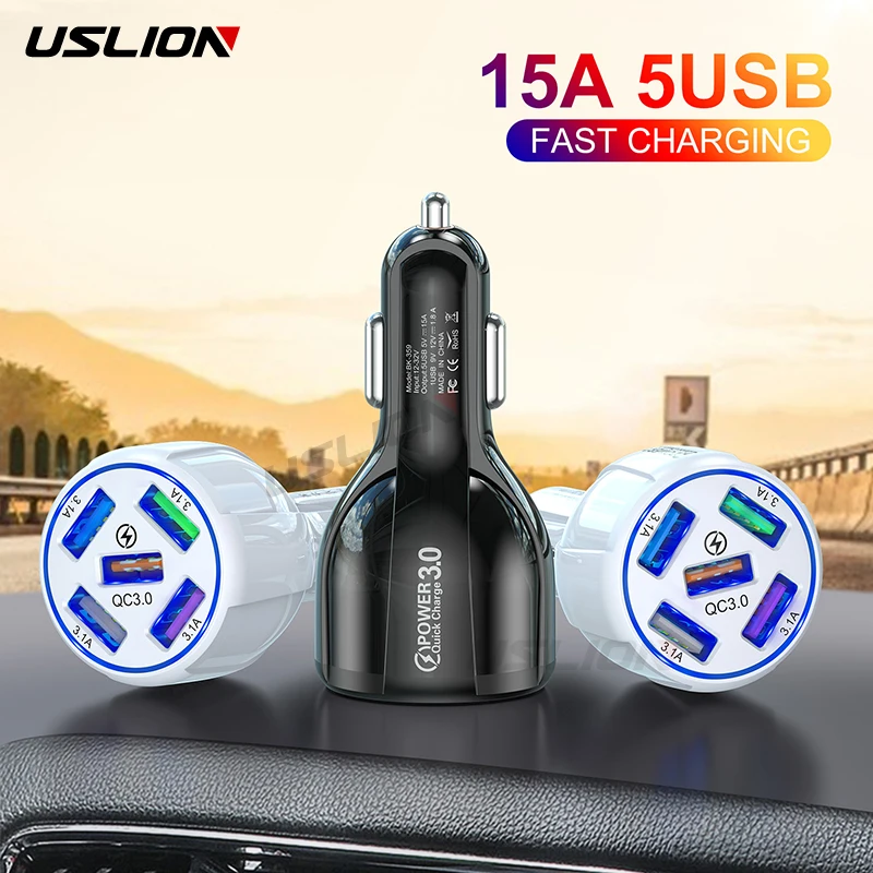 USLION 15A 5 Ports USB Car Charge Quick Mini LED Fast Charging For iPhone 12 Xiaomi Huawei Mobile Phone Charger Adapter in Car